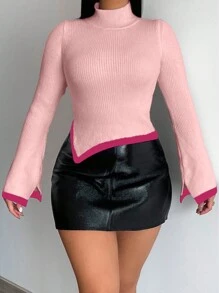 Zolique Suéter feminino casual de malha com gola alta e mangas compridas com detalhes contrastantes, ideal para outono e inverno. - Rosa - Ver 3