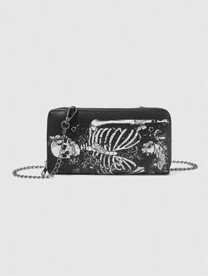 Goth Portafoglio con catena e design a teschio con rosa nera, versatile portamonete di moda in stile scuro