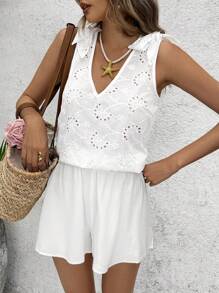 SHEIN VCAY Women's Deep V-Neck Bow Decor Tie Front Casual Vacation Textured Shirt