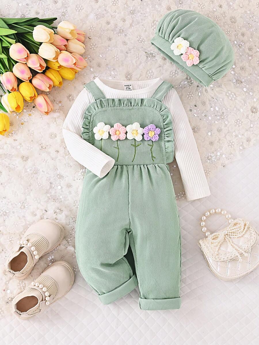 SHEIN Vintaside Kids 2件組女嬰花卉刺繡燈芯絨帽子連身褲 秋季款 - 綠色 - 查看 1