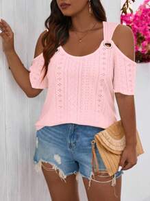 EMERY ROSE Plus Size Metallic Decor Jacquard Cold Shoulder Top For New Year Clothes - Pink - View 4