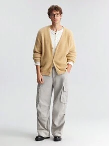 Ontre Men's Solid Color Drop Shoulder Long Sleeve Single-Breasted Casual Knit Cardigan, Fashion Minimalist Style For Valentine's Day, Holiday, New Year Party, Daily Casual, Travel