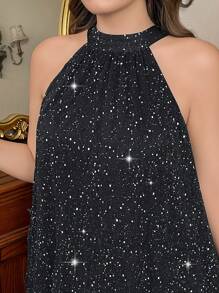 SHEIN Privé Vestido corto de lentejuelas con cuello de halter tipo A, apto para fiesta nocturna, cita de San Valentín; Vestido negro holgado para mujer - Negro - Ver 4