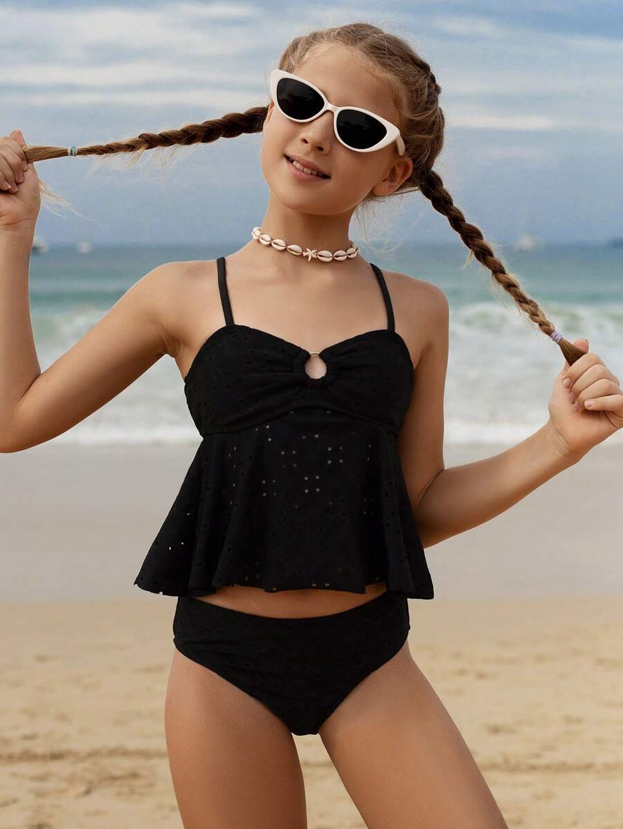 SHEIN Tween Girls Solid Color Hollow Tiered Ruffle Tankini Swimwear Set