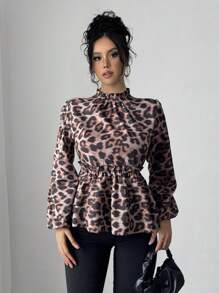 Chiquease 女士优雅荷叶边豹纹长袖休闲衬衫 - 彩色 - 查看 3