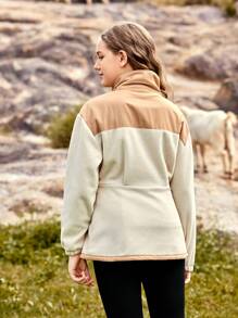 SHEIN Chaqueta de cuello alto de forro polar suave con parches, para uso casual al aire libre, adecuada para niñas/adolescentes, cómoda para actividades al aire libre, uso diario y fotografía en la ciudad