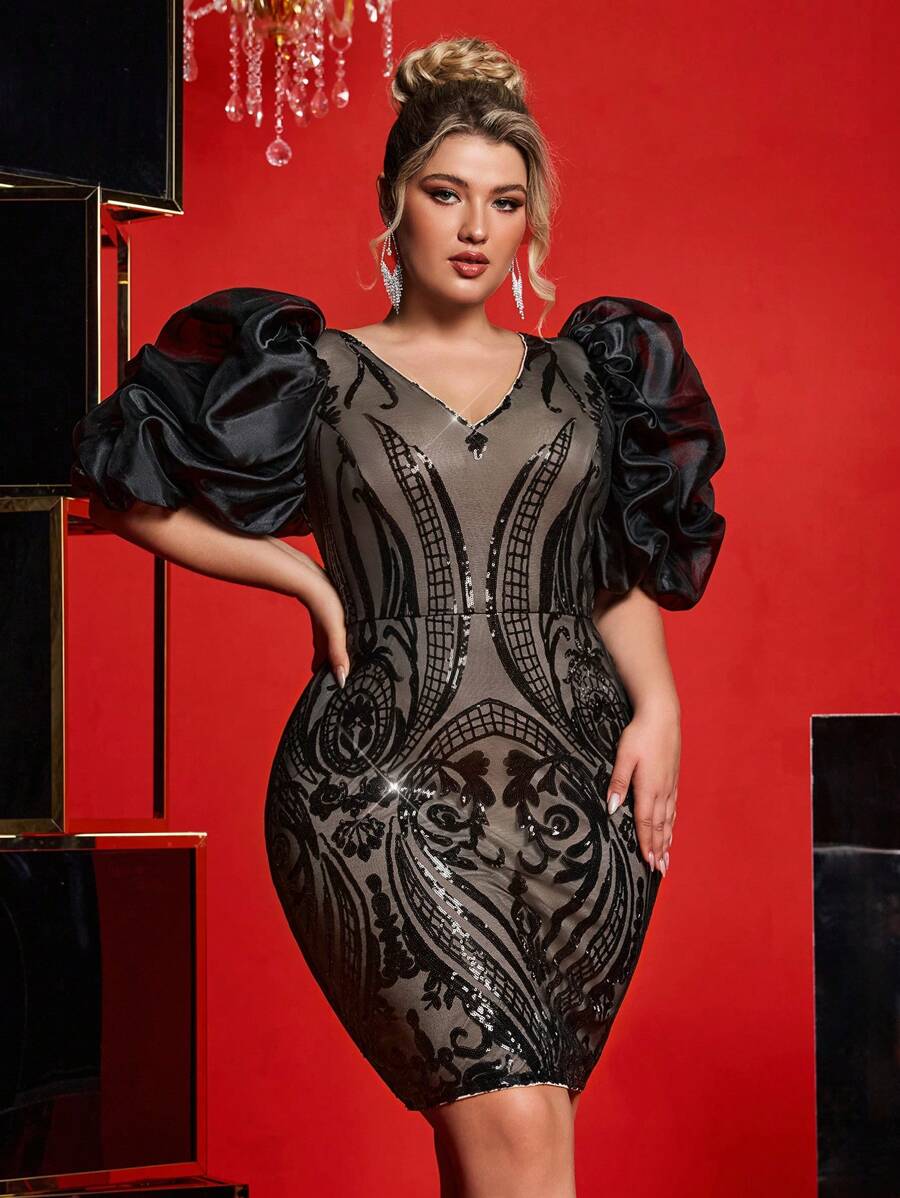 SHEIN Belle Đầm dự tiệc sang trọng tay bồng bềnh họa tiết hoa sequin màu đen cỡ lớn gợi cảm cho tiệc cocktail - màu đen - Xem 1