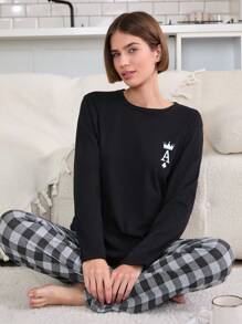 RueChic 2 Pcs Valentine's Day Couple Contrast Colour Queen Printed And Plaid Pattern Bottom Homewear Set - Black - View 5