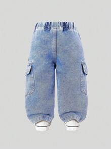 SHEIN 幼儿男童街头风格百搭工装裤，休闲柔软舒适洗水牛仔裤，时尚日常穿着，2024 年春秋新品系列 - 淺色水洗藍 - 查看 2