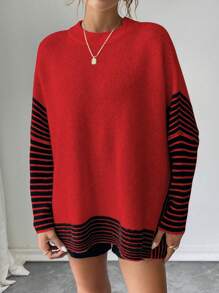Chiquease Casual Contrast Color Striped Batwing Sleeve Sweater, Autumn/Winter Knit Pullover Fall Sweater - Red - View 5