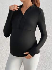 SHEIN Maternity Plain Collar Zip Half Placket Long Sleeve Fitted Active Wear Top - Black - View 5