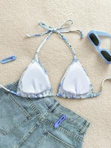 SHEIN Swim 随机印花简约时尚休闲泳装上衣，日常穿着夏季 - 藍白色 - 查看 2