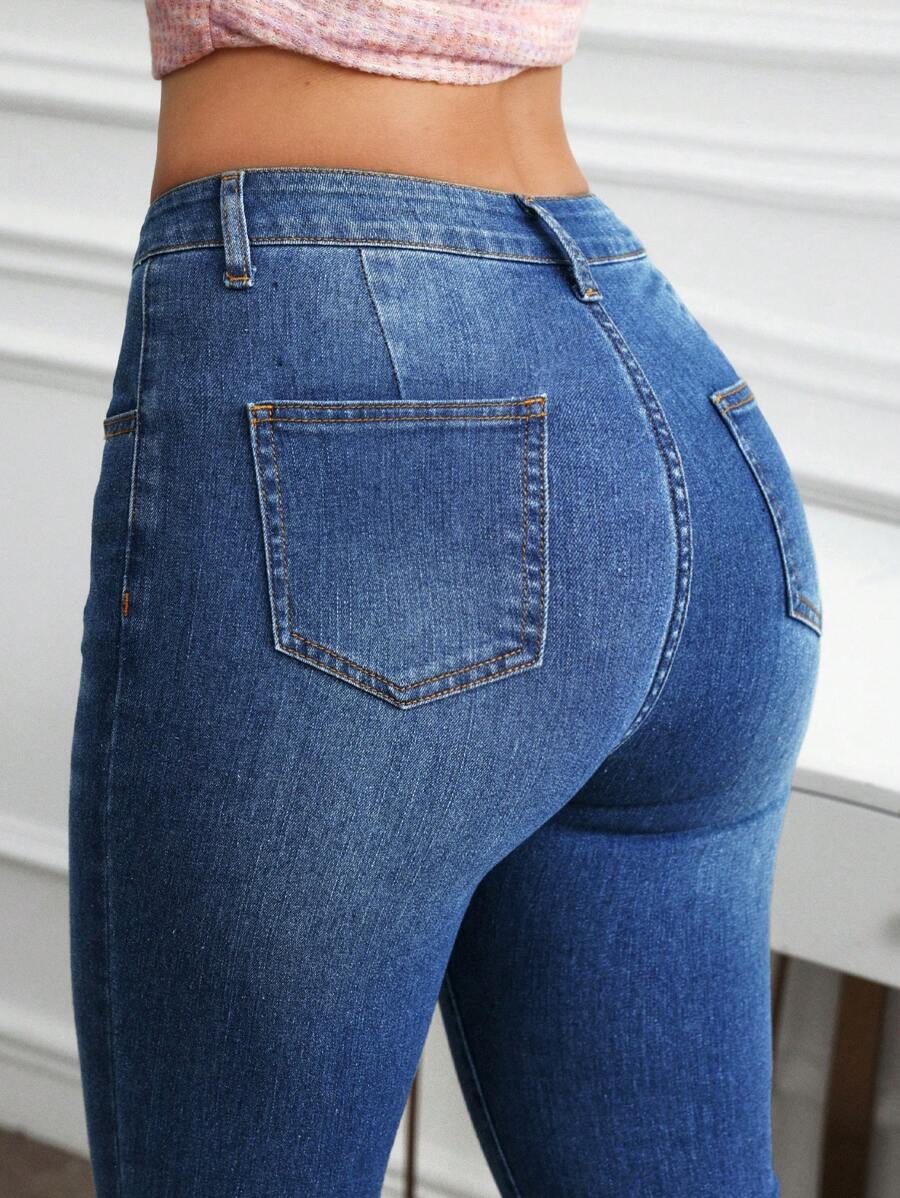 SHEIN Essnce Jeans de mezclilla casual para mujer, simple y con estilo para uso diario - Azul - Ver 1