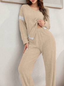 Lazeform Set de 2 piezas con top de manga larga de escote en V y pantalones, con contraste de colores y parches, estilo casual'