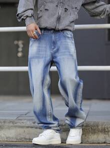 Claim Dot Plus Size Men's Pocketed Wide Leg Loose Casual Denim Jeans - Blue - View 7