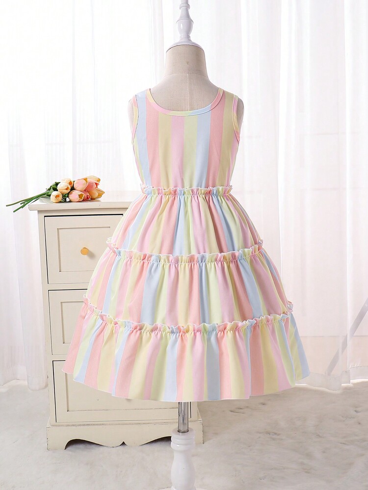SHEIN Young Girl Eid Al-Fitr Petite Princess Vacation Colorful Striped Princess Dress, Sweet And Cute Girl's Summer Choice, Paired With A Mini Purse - Apricot - View 2
