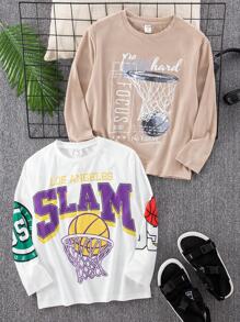 2Pcs Tween Boy Basketball Print Long Sleeve Crew Neck T-Shirt Set, Suitable For Autumn, Spring, Outdoor Play, School, Street, Party And Home Leisure, High Cost-Performance - Khaki - View 1