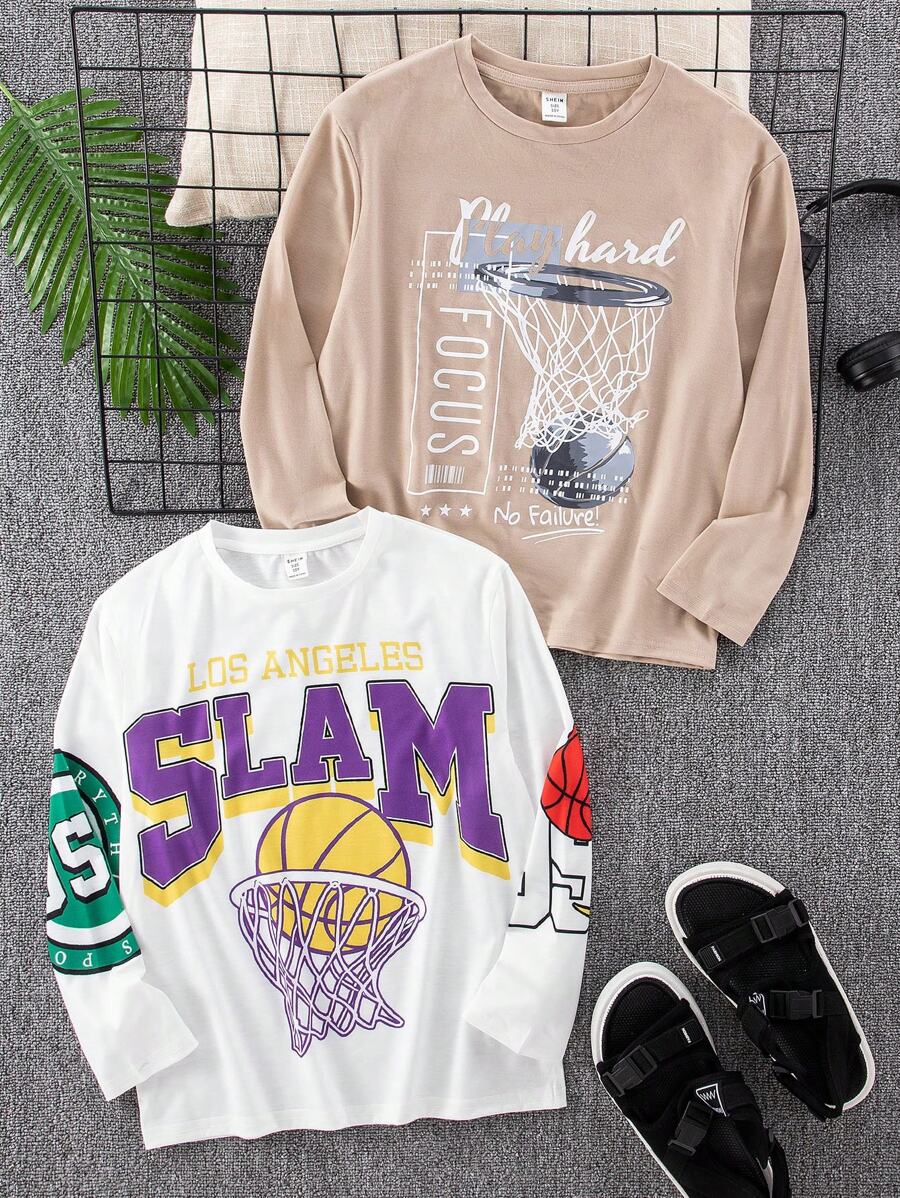 2Pcs Tween Boy Basketball Print Long Sleeve Crew Neck T-Shirt Set, Suitable For Autumn, Spring, Outdoor Play, School, Street, Party And Home Leisure, High Cost-Performance - Khaki - View 1