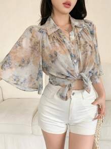 DAZY Spring New Arrival Plant Print Ladies Shirt, Casual For Valentine's Day Sheer Floral - Yellow - View 5