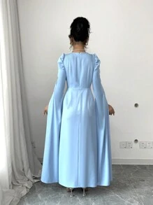 Elenzga 女士珍珠纹理缎带细节不对称下摆长袖连衣裙 - 藍色 - 查看 2