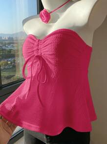 Sweetina Lindo Top De Bandeu De Cordón Para Vacaciones De Señora - Rosa Fucsia - Ver 5