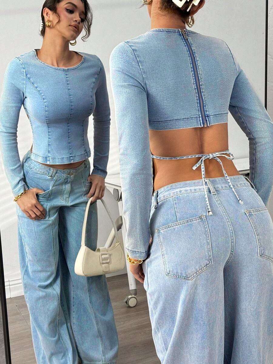 SHEIN Essnce Áo sơ mi denim cổ tròn tay dài thường ngày cho nữ có khóa kéo sau - Màu xanh lam - Xem 1