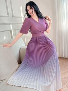 DAZY V-Neck Puff Sleeve Ombre Pleated Waist Midi Dress For Women - Purple - View 8