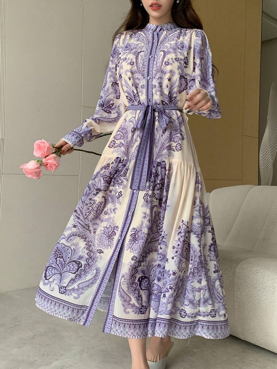 DAZY Full Floral Print Belted Mid-Long Dress For Women,Fall Dress Long Sleeve Dress Vacation Outfits Women - Purple - View 1