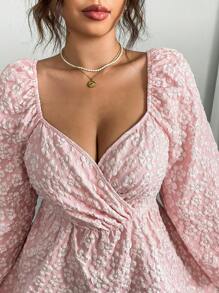 Flirla Damen Große Größen Kleid mit V-Ausschnitt, geraffeter Taille, Jacquard-Muster und Langarm, Osterbekleidung - Pink - Übersicht 3