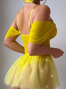 Fantasy Costume 5 件套性感服装闪光连体衣配芭蕾舞裙和渔网袜 - 黃色 - 查看 2