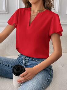 SHEIN Essnce Women's Casual Commute Solid Color V-Neck Ruffle Sleeve Blouse - Red - View 3