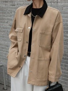 DAZY Chaqueta vaquera suelta de manga larga con bolsillo, hombros caídos y cuello de color contrastante para mujeres