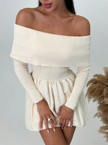 SHEIN Privé Plus Size Women Elegant Off Shoulder Long Sleeve A-Line Sweater Dress, Casual Stylish Autumn Ballet Style Flared Hem Short Dress Beige - Apricot - View 3