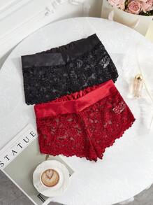 2pcs Set Sheer Lace Sexy Sleepwear Shorts - Multicolor - View 2