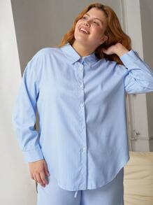 SHEIN EZwear 2pcs Plus Size Holiday Blue Striped Shirt And Pants Set - Blue - View 4