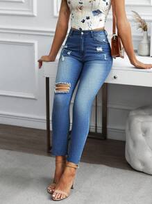 SHEIN LUNE Women's Simple & Fashionable Casual Denim Jeans, For Daily Wear - Blue - View 1
