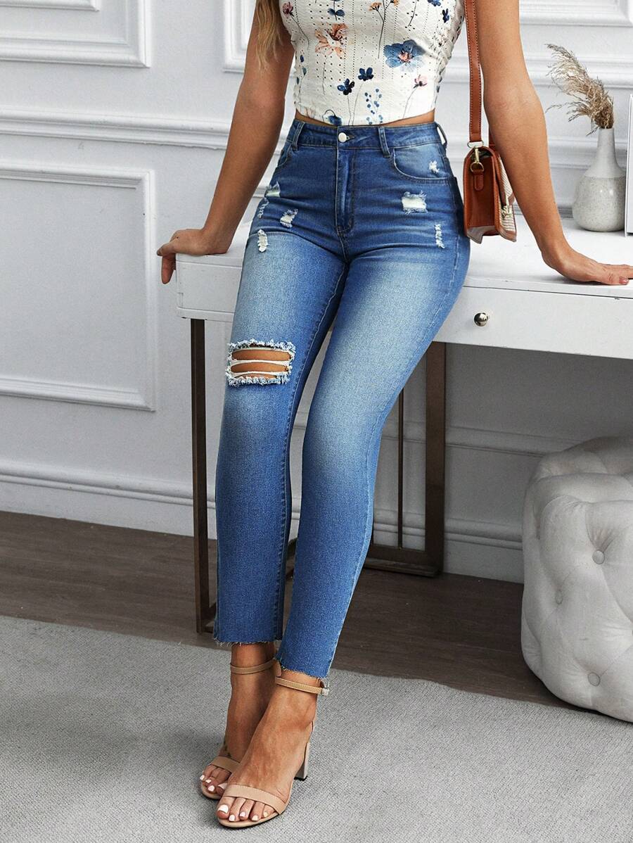SHEIN LUNE Women's Simple & Fashionable Casual Denim Jeans, For Daily Wear - Blue - View 1