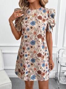 SHEIN Clasi Women's Early Spring Floral Print Short Sleeve Dress,Summer Dresses For Women - Khaki - View 4