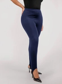 SHEIN Clasi Black Knit Elastic Plus Size Stirrup Leggings - Navy Blue - View 3