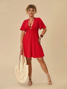 Travachic Đầm Plus Size Hội Chữ thập Buộc lại Dây kéo màu trơn Gợi cảm - Đỏ - Xem 4