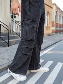 Manfinity Homme Pantalones de peto vaqueros holgados de pierna ancha con bolsillos cargo, casuales para hombres - Negro - Ver 8