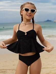 SHEIN Tween Girls Solid Color Hollow Tiered Ruffle Tankini Swimwear Set