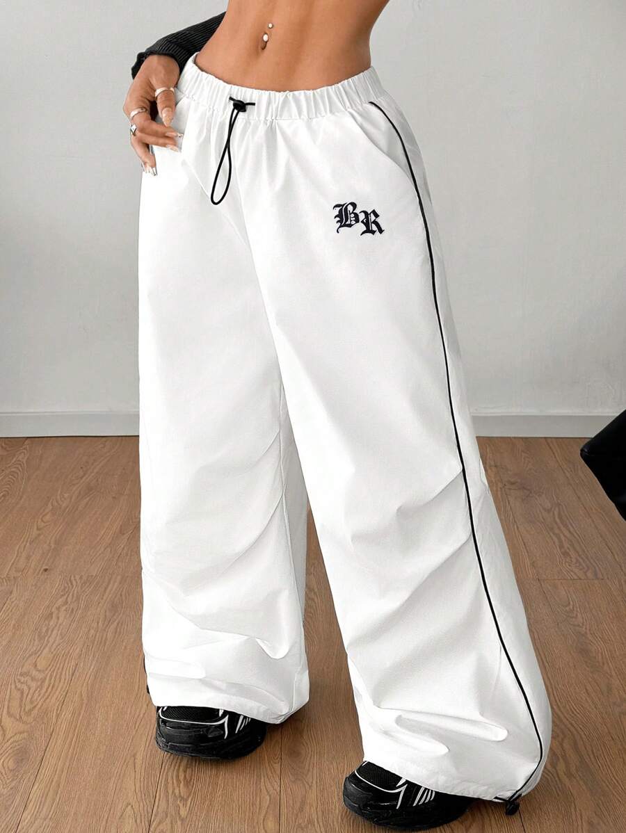 NORVETH Unisex Casual Loose Woven Wide-Leg Drawstring Waist Trousers, Sports Pants - White - View 1