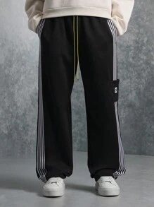 SUMWON Athletic Skater Fit Sweatpants With Side Stripes, Tapered Leg, Elastic Cuffs, Premium Fleece Jogger Pants For Sports, Streetwear, Loungewear, Autumn Winter Comfort - Black - View 4