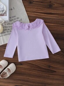 女婴纯色罗纹针织长袖 T 恤，带蕾丝花边领，舒适休闲优雅时尚，适合春秋冬季 - 淡紫色 - 查看 2