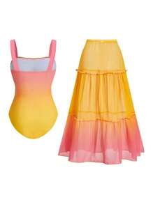 Swim Oasis 1 Set Women Beach Summer Vacation Strap Color Block One Piece Swimsuit With Cover Up Skirt - Multicolor - View 2