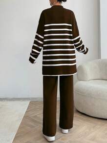 EURMUSE Damrandigt mönster med knappdetaljer med rund hals Drop Shoulder Pullover & Sweater Byx Set - Brun - Visa 2