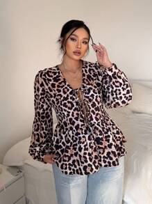Flirla Plus Size Women Leopard Print Peter Pan Collar Open Front Spring/Summer Blouse - Multicolor - View 5
