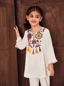 SHEIN Leap Crew DRMZ 2 件套少女套装：编织纯色拼接碎花流苏衬衫和编织长裤 - 彩色 - 查看 3