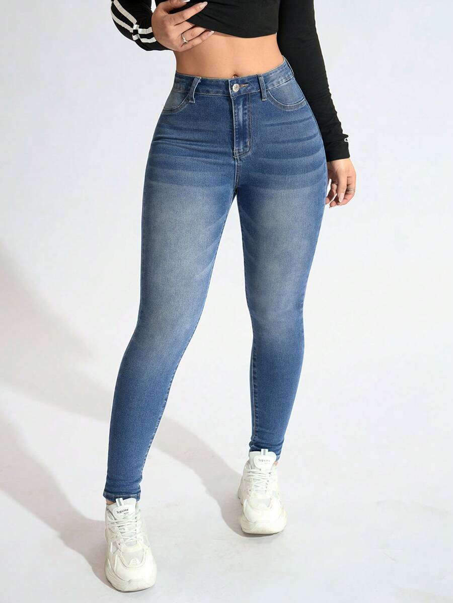 Flexra Jeans de mezclilla casual y sencillo de moda para uso diario - Azul lavado medio - Ver 1